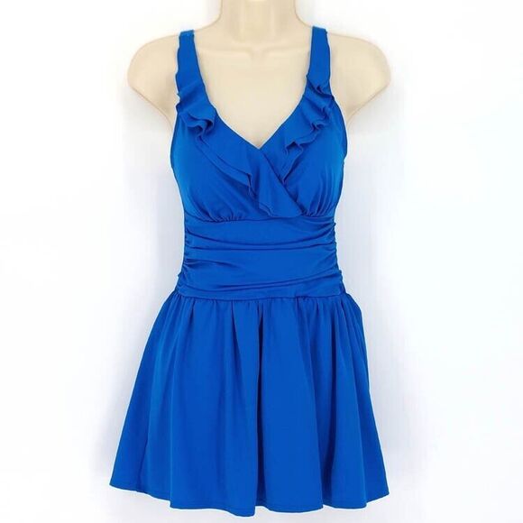 Denim & Co Beach Swimsuit Womens Sz 6 Saphire Blue One Piece Swim Dress Modest - Picture 1 of 8